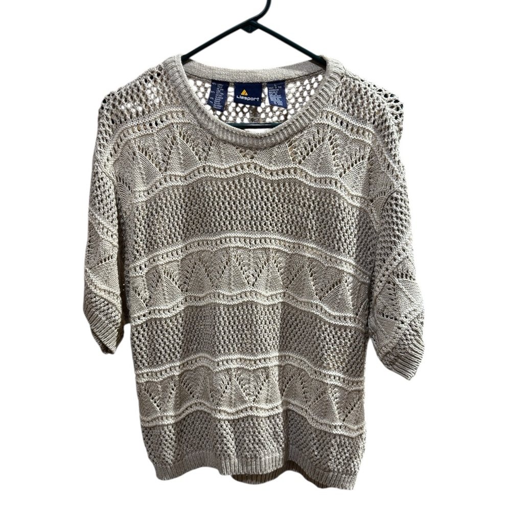 Liz Sport Open Knit Crochet Short Sleeve Top Size Large